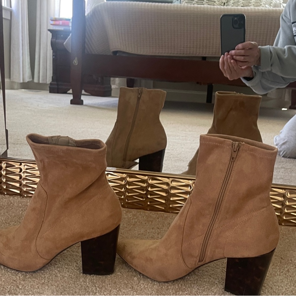 Suede Tan Ankle Boots with Block Heel
